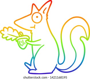 rainbow gradient line drawing of a cartoon squirrel with acorn
