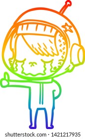 rainbow gradient line drawing of a cartoon crying astronaut girl making thumbs up sign