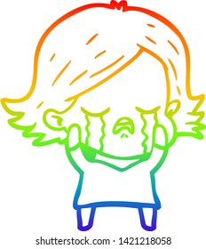 Regenbogen-Farbverlauf-Linie Zeichnung einer Cartoon Mädchen weinend