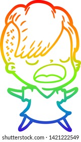 rainbow gradient line drawing of a cartoon cool hipster girl talking