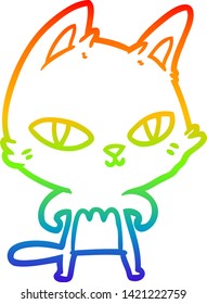rainbow gradient line drawing of a cartoon cat staring