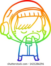 rainbow gradient line drawing of a cartoon astronaut woman explaining