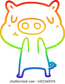 dibujo de línea de gradiente de arco iris de un cerdo de contenido de dibujos animados