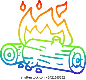 rainbow gradient line drawing of a cartoon burning logs