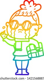 rainbow gradient line drawing of a cartoon crying woman wearing spectacles