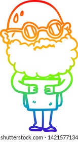 rainbow gradient line drawing of a cartoon worried man with beard and spectacles
