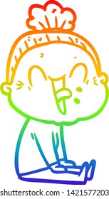 rainbow gradient line drawing of a cartoon happy old woman