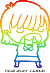 rainbow gradient line drawing of a cartoon woman talking loudly