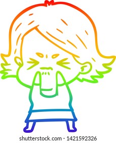 rainbow gradient line drawing of a cartoon angry woman