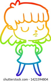 rainbow gradient line drawing of a cartoon indifferent woman