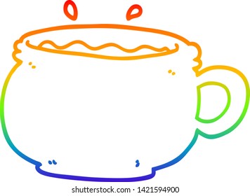 rainbow gradient line drawing of a cartoon hot cup of coffee