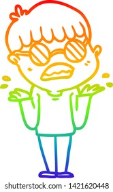 rainbow gradient line drawing of a cartoon confused boy wearing spectacles