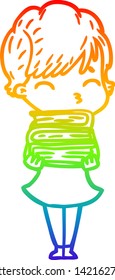 Regenbogen-Farbverlauf-Linie Zeichnung einer Cartoon Frau denken