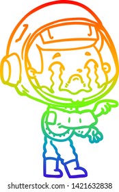 rainbow gradient line drawing of a cartoon crying astronaut
