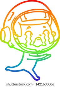 rainbow gradient line drawing of a cartoon crying astronaut