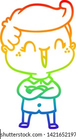 rainbow gradient line drawing of a cartoon laughing boy crossing arms