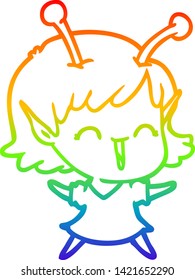rainbow gradient line drawing of a cartoon alien girl laughing