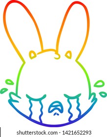 rainbow gradient line drawing of a cartoon crying bunny face