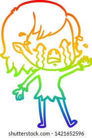 rainbow gradient line drawing of a cartoon crying vampire girl