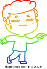 dibujo de una línea de gradiente arco iris de un hombre ansioso de dibujos animados apuntando