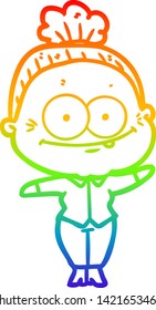 rainbow gradient line drawing of a cartoon happy old woman