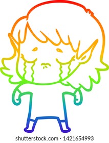 rainbow gradient line drawing of a cartoon crying elf girl