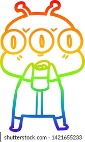 rainbow gradient line drawing of a cartoon three eyed alien