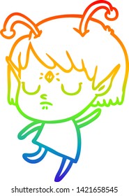 rainbow gradient line drawing of a cartoon alien girl