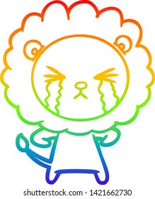 rainbow gradient line drawing of a cartoon crying lion