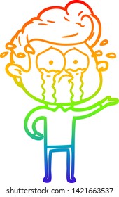 rainbow gradient line drawing of a cartoon crying man