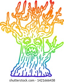 rainbow gradient line drawing of a cartoon spooky tree