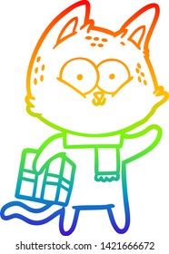 desenho de linha de gradiente do arco-íris de um gato de desenho animado segurando presente de Natal