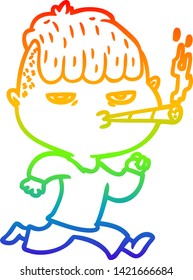 rainbow gradient line drawing of a cartoon man smoking whilst running
