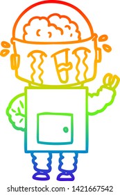 rainbow gradient line drawing of a cartoon crying robot