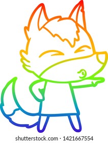 dibujo de la línea de gradiente del arcoiris de una loba de dibujos animados silbando y señalando