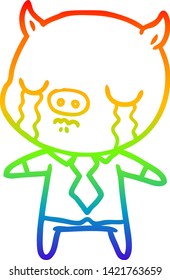 rainbow gradient line drawing of a cartoon pig crying wearing shirt and tie