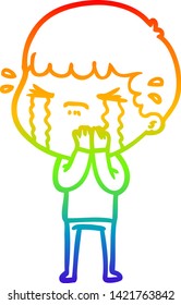 dibujo de una línea de gradiente de arco iris de un hombre de dibujos animados llorando