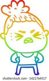 rainbow gradient line drawing of a cartoon angry woman