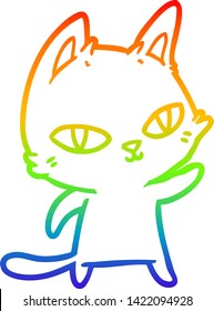 dibujo de una línea de gradiente de arco iris de un gato de dibujos animados mirando