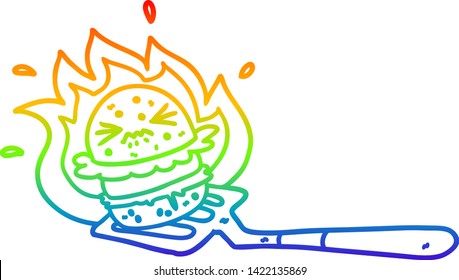 rainbow gradient line drawing of a cartoon burger on spatula