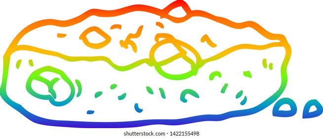 rainbow gradient line drawing of a cartoon chocolate chip cookie