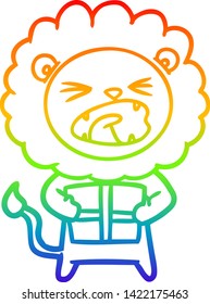 rainbow gradient line drawing of a cartoon lion with christmas present
