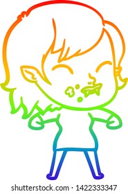 Regenbogen-Farbverlauf-Linie Zeichnung eines Cartoon Vampir Mädchen mit Blut auf Wange