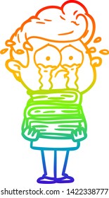 rainbow gradient line drawing of a cartoon crying student with stack of books