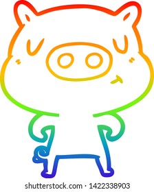 dibujo de línea de gradiente de arco iris de un cerdo de contenido de dibujos animados