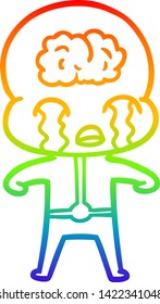 Regenbogen-Farbverlauf-Linie Zeichnung eines Cartoons großen Gehirn Alien weinen