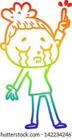 rainbow gradient line drawing of a cartoon crying woman raising hand