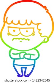 rainbow gradient line drawing of a cartoon annoyed man