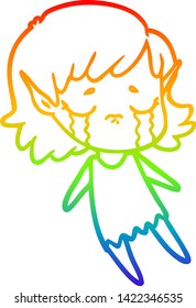 rainbow gradient line drawing of a cartoon crying elf girl