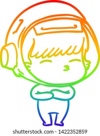 rainbow gradient line drawing of a cartoon curious astronaut